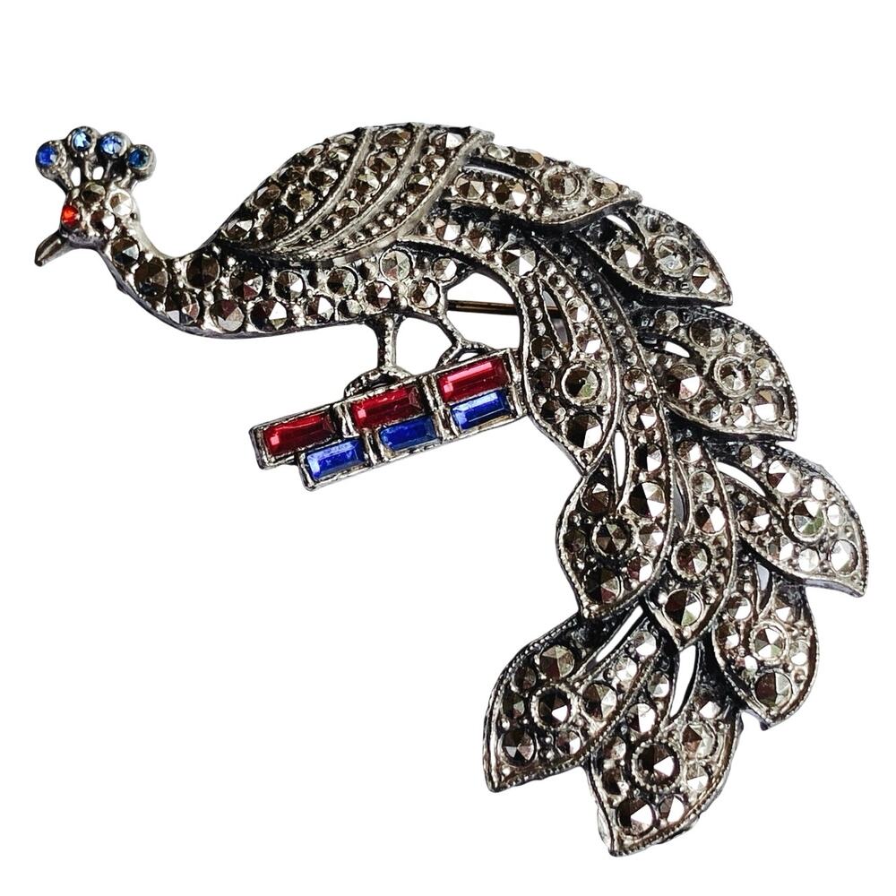 Vintage Mid Century Peacock Brooch, Patriotic Glass, Marcasite Style, 1950s Pin
